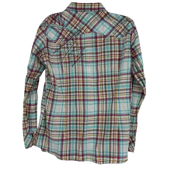 Ariat Women's Long Sleeve Top Plaid Pearl Snap Shirt Size XL Sequins Western - Picture 2 of 10